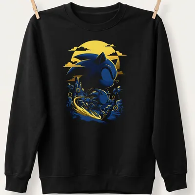 Vibrant cartoon Sonic the Hedgehog with 'Speed Hero' text in blue and yellow. — printed on a unisex sweatshirt