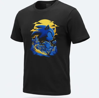 Vibrant cartoon Sonic the Hedgehog with 'Speed Hero' text in blue and yellow. — printed on a unisex t-shirt