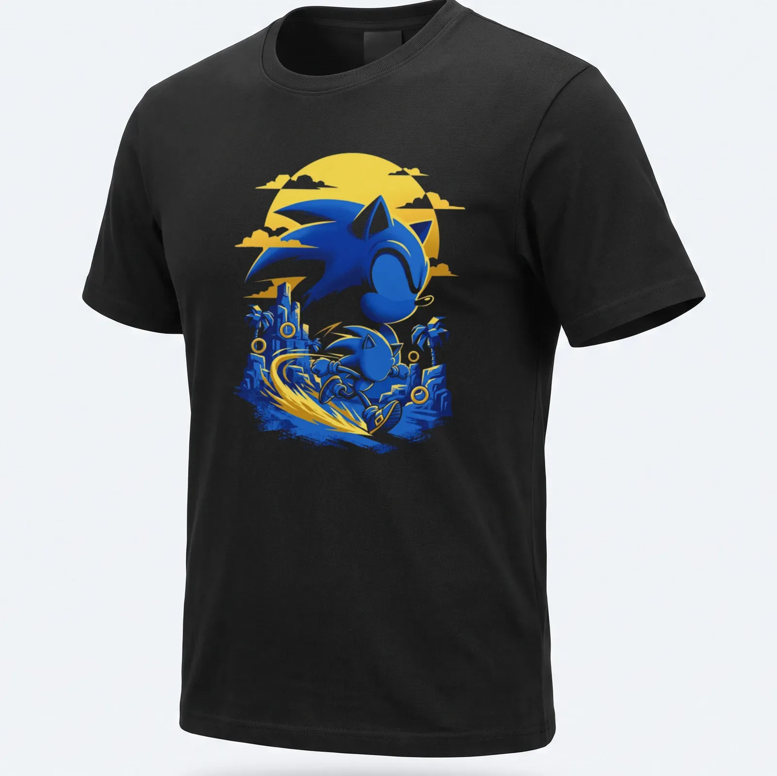 Vibrant cartoon Sonic the Hedgehog with 'Speed Hero' text in blue and yellow. — printed on a unisex t-shirt