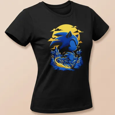 Vibrant cartoon Sonic the Hedgehog with 'Speed Hero' text in blue and yellow. — printed on a women's shirt