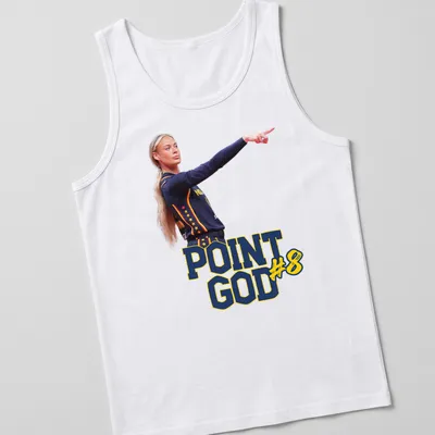 Illustration of Sophie Cunningham in action with 'Point God#8' text in navy, yellow, and red — printed on a tank top