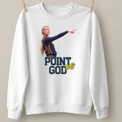 Illustration of Sophie Cunningham in action with 'Point God#8' text in navy, yellow, and red — printed on a unisex sweatshirt