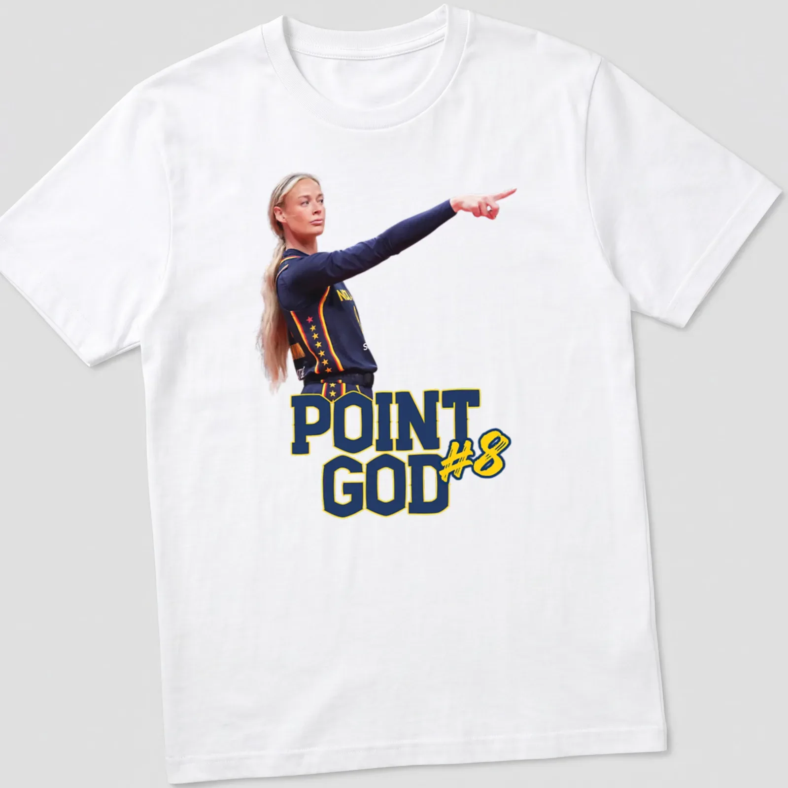 Illustration of Sophie Cunningham in action with 'Point God#8' text in navy, yellow, and red — printed on a unisex t-shirt