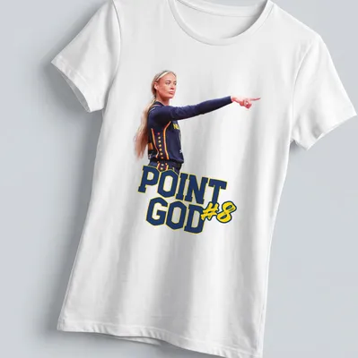 Illustration of Sophie Cunningham in action with 'Point God#8' text in navy, yellow, and red — printed on a women's shirt