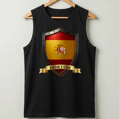Spanish heritage crest shield t-shirt with bold lettering and intricate design — printed on a tank top