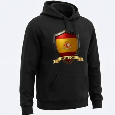 Spanish heritage crest shield t-shirt with bold lettering and intricate design — printed on a unisex hoodie