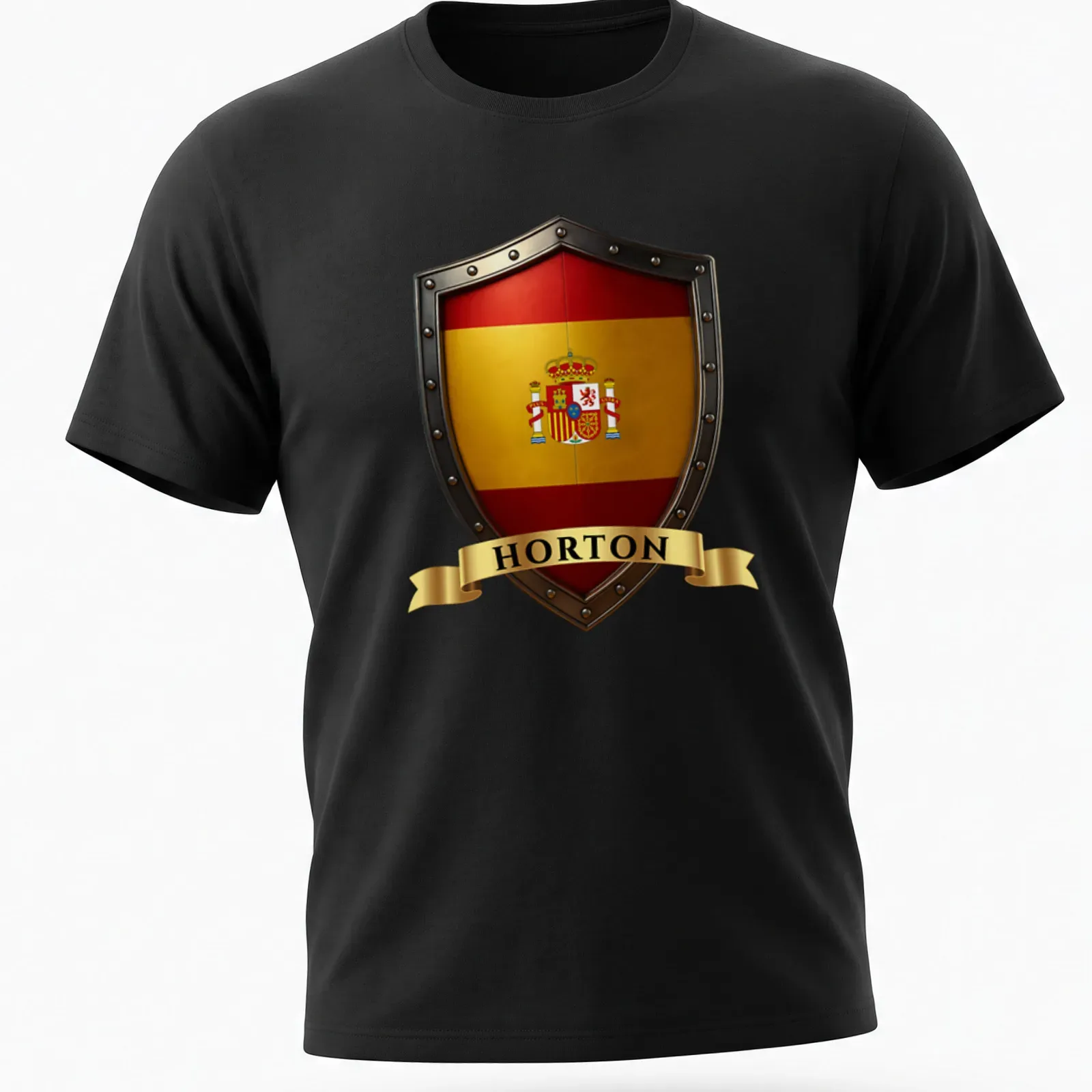 Spanish heritage crest shield t-shirt with bold lettering and intricate design — printed on a unisex t-shirt