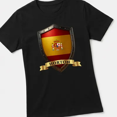 Spanish heritage crest shield t-shirt with bold lettering and intricate design — printed on a women's shirt