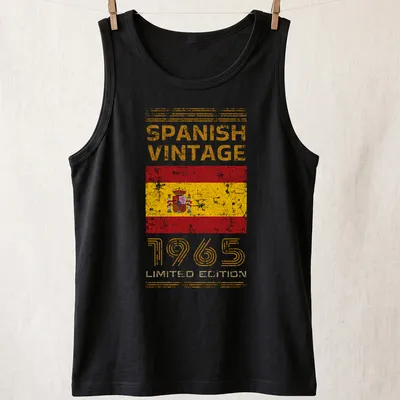 Vintage distressed Spanish flag T-shirt with bold text celebrating 1965 edition — printed on a tank top