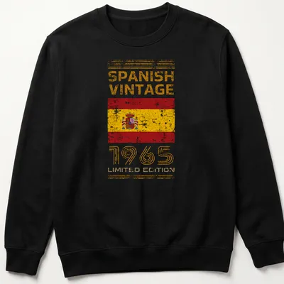 Vintage distressed Spanish flag T-shirt with bold text celebrating 1965 edition — printed on a unisex sweatshirt