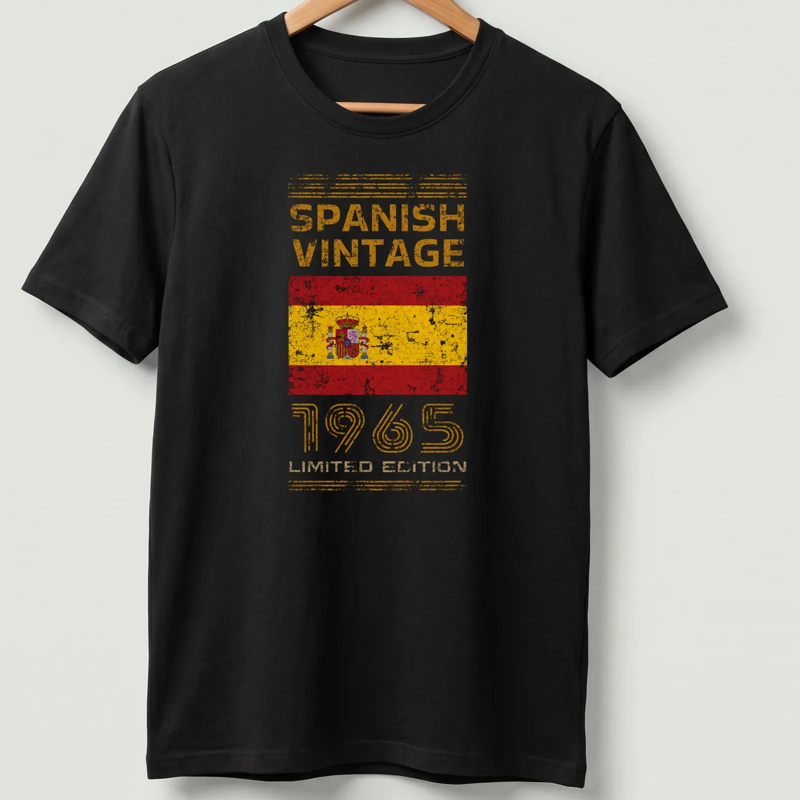 Vintage distressed Spanish flag T-shirt with bold text celebrating 1965 edition — printed on a unisex t-shirt