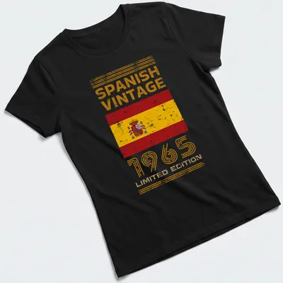 Vintage distressed Spanish flag T-shirt with bold text celebrating 1965 edition — printed on a women's shirt