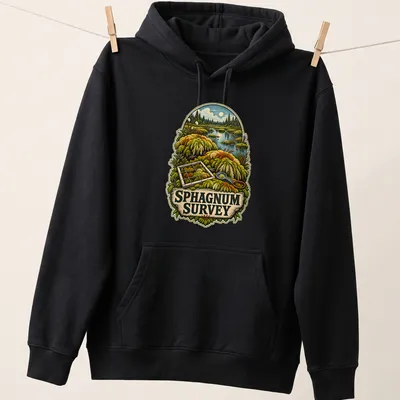 Vintage illustration of Sphagnum moss in a natural landscape with printed text — printed on a unisex hoodie