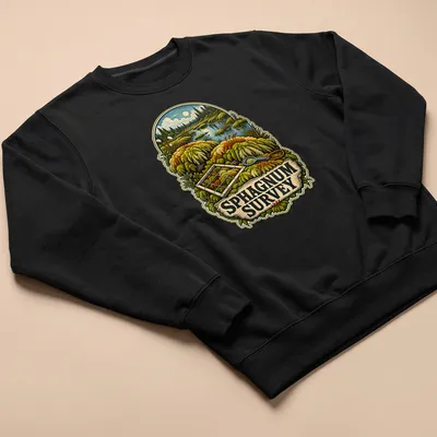 Vintage illustration of Sphagnum moss in a natural landscape with printed text — printed on a unisex sweatshirt