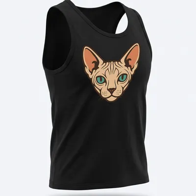 Retro illustration of a Sphynx cat in peach, brown, and teal tones — printed on a tank top