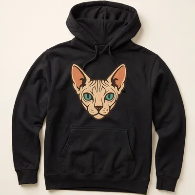 Retro illustration of a Sphynx cat in peach, brown, and teal tones — printed on a unisex hoodie