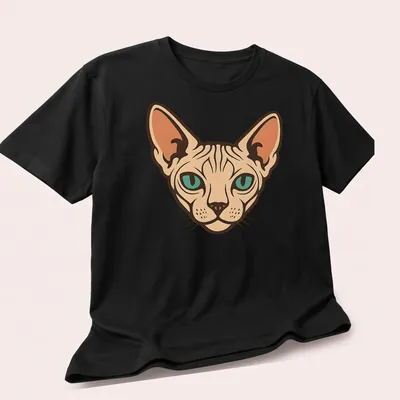 Retro illustration of a Sphynx cat in peach, brown, and teal tones — printed on a unisex t-shirt (angled view)