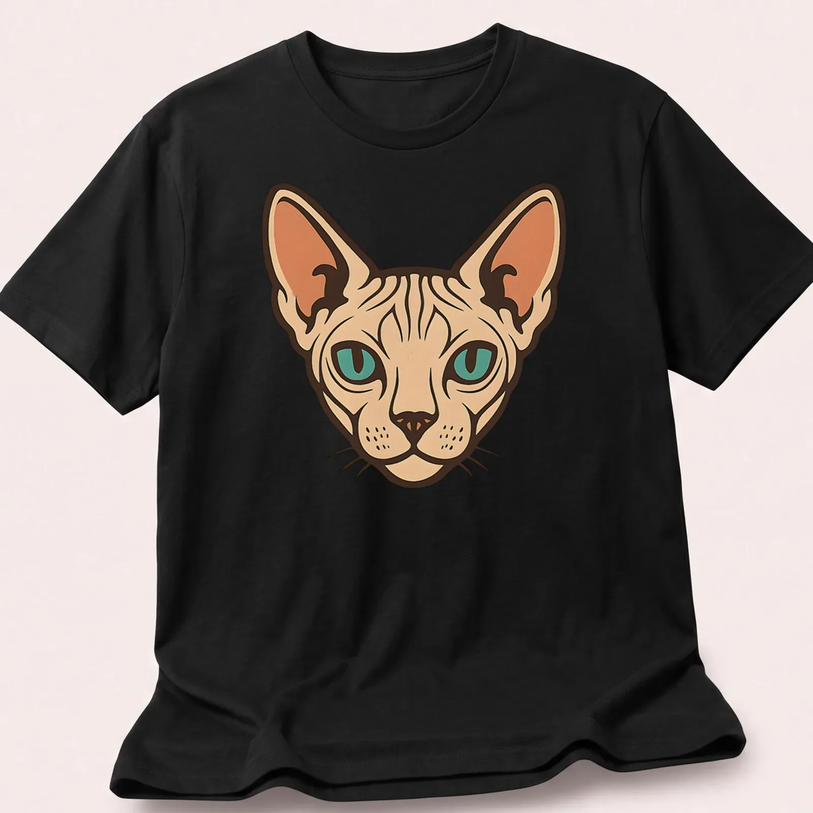 Retro illustration of a Sphynx cat in peach, brown, and teal tones — printed on a unisex t-shirt