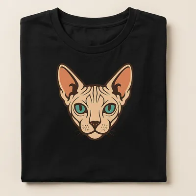 Retro illustration of a Sphynx cat in peach, brown, and teal tones — printed on a women's shirt