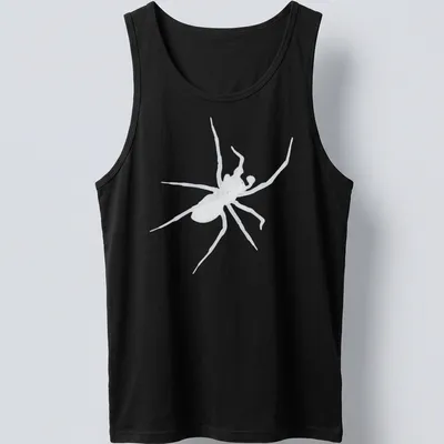 Bold black and white illustration of a spider on a dark — printed on a tank top