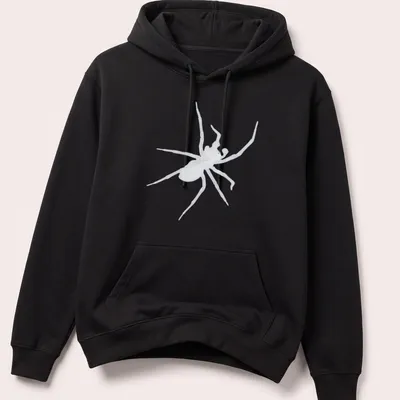 Bold black and white illustration of a spider on a dark — printed on a unisex hoodie