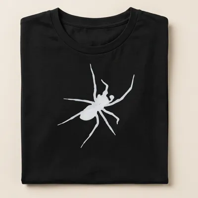 Bold black and white illustration of a spider on a dark — printed on a women's shirt