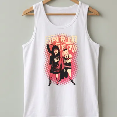Retro distressed tee featuring the text 'Spirit of 76' with punk women imagery — printed on a tank top