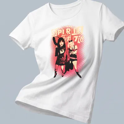 Retro distressed tee featuring the text 'Spirit of 76' with punk women imagery — printed on a women's shirt