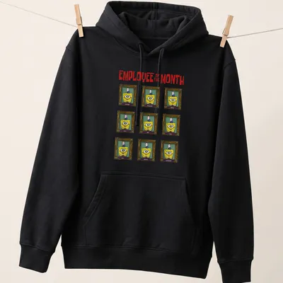 Cartoon Spongebob Squarepants t-shirt with 'EMPLOYEE OF THE MONTH' printed above him. — printed on a unisex hoodie
