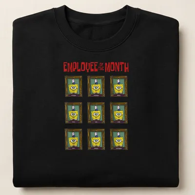 Cartoon Spongebob Squarepants t-shirt with 'EMPLOYEE OF THE MONTH' printed above him. — printed on a unisex sweatshirt