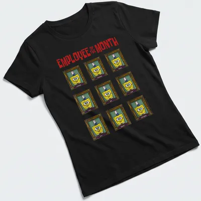 Cartoon Spongebob Squarepants t-shirt with 'EMPLOYEE OF THE MONTH' printed above him. — printed on a women's shirt