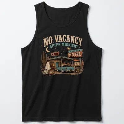 Vintage-style t-shirt featuring a spooky motel with a ghost and retro text. — printed on a tank top