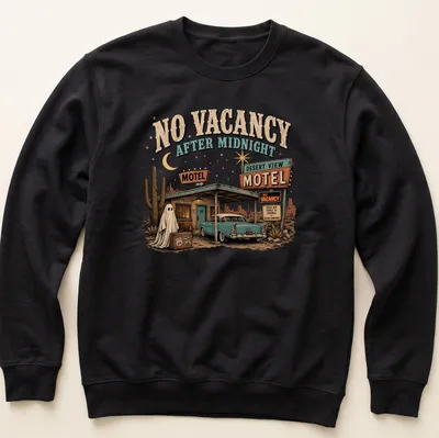 Vintage-style t-shirt featuring a spooky motel with a ghost and retro text. — printed on a unisex sweatshirt