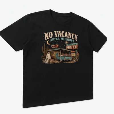 Vintage-style t-shirt featuring a spooky motel with a ghost and retro text. — printed on a unisex t-shirt (angled view)