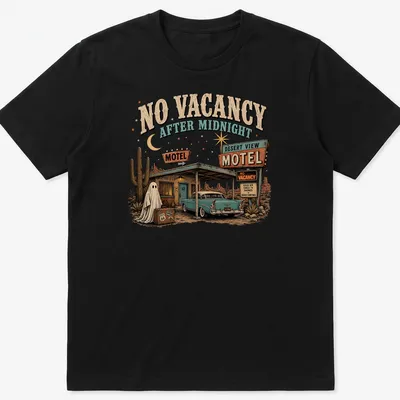 Vintage-style t-shirt featuring a spooky motel with a ghost and retro text. — printed on a unisex t-shirt