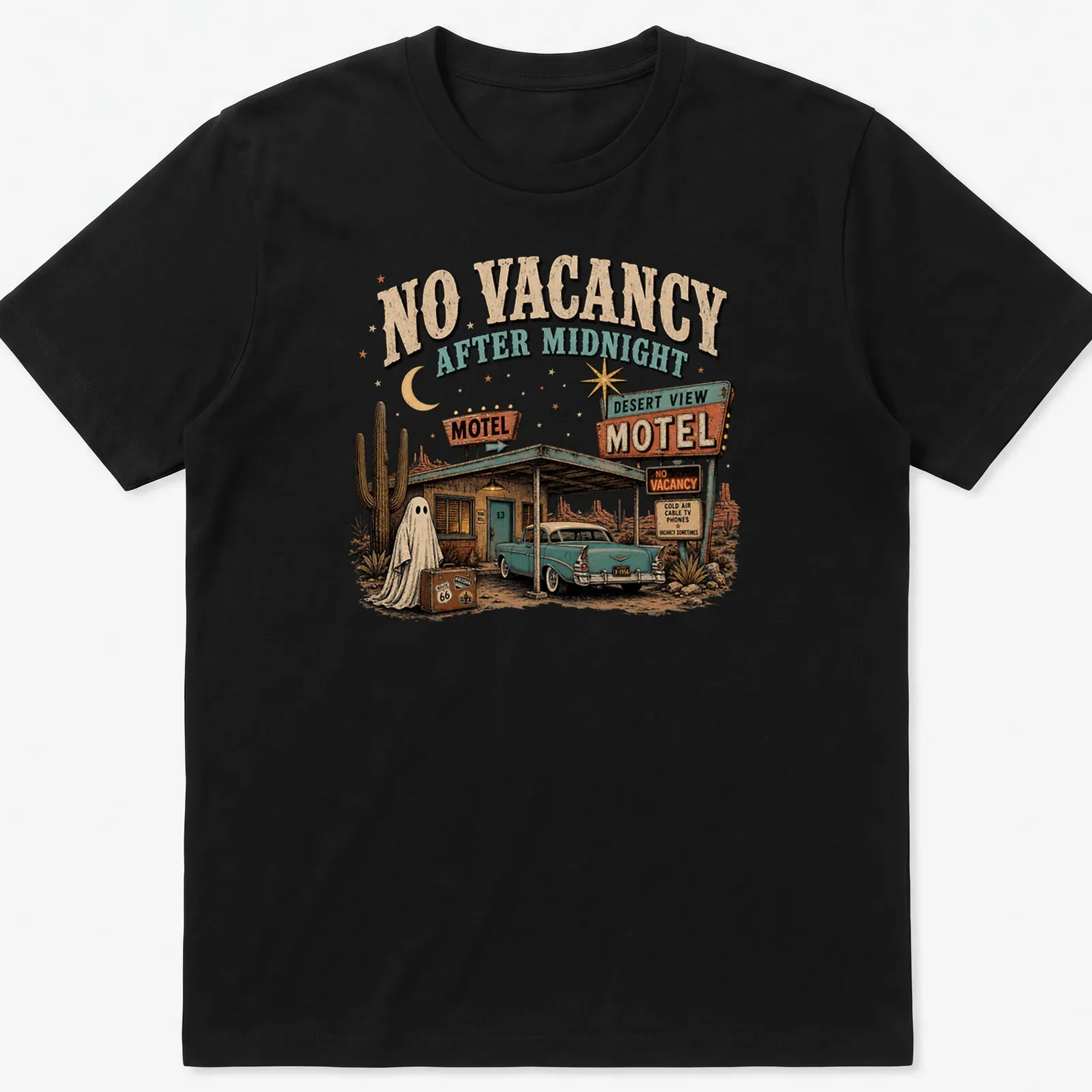 Vintage-style t-shirt featuring a spooky motel with a ghost and retro text. — printed on a unisex t-shirt