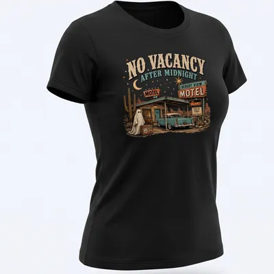 Vintage-style t-shirt featuring a spooky motel with a ghost and retro text. — printed on a women's shirt