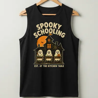 Vintage Halloween design featuring ghosts in a classroom with text about spooky schooling. — printed on a tank top