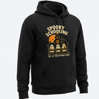 Vintage Halloween design featuring ghosts in a classroom with text about spooky schooling. — printed on a unisex hoodie