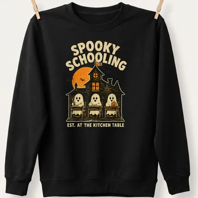 Vintage Halloween design featuring ghosts in a classroom with text about spooky schooling. — printed on a unisex sweatshirt