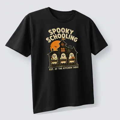 Vintage Halloween design featuring ghosts in a classroom with text about spooky schooling. — printed on a unisex t-shirt (angled view)