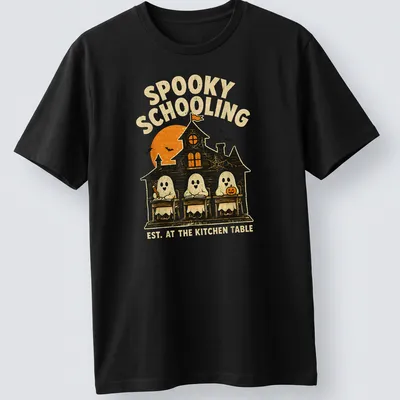 Vintage Halloween design featuring ghosts in a classroom with text about spooky schooling.