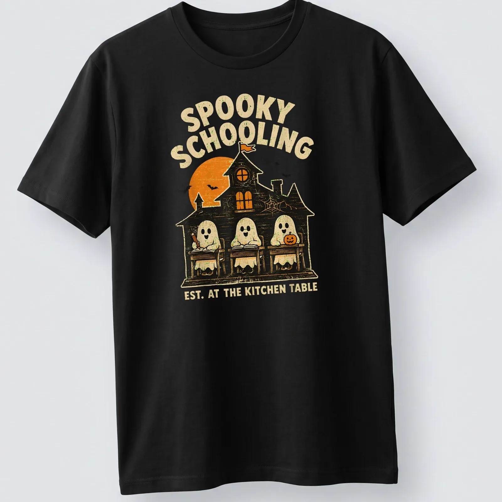 Vintage Halloween design featuring ghosts in a classroom with text about spooky schooling. — printed on a unisex t-shirt