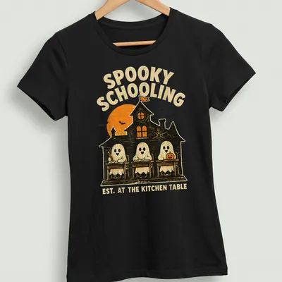 Vintage Halloween design featuring ghosts in a classroom with text about spooky schooling. — printed on a women's shirt