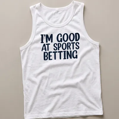 Black t-shirt with bold typography stating I'm Good At Sports Betting. — printed on a tank top