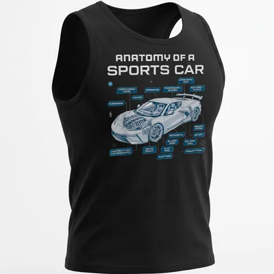 Technical illustration of a sports car with blue, white, and gray details — printed on a tank top