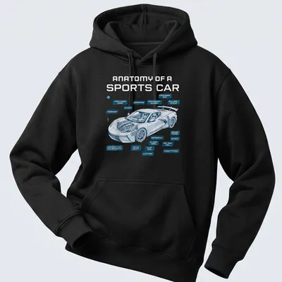 Technical illustration of a sports car with blue, white, and gray details — printed on a unisex hoodie