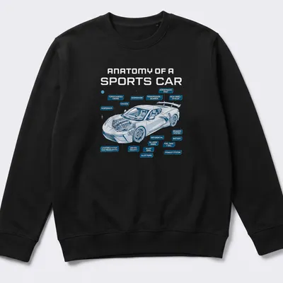 Technical illustration of a sports car with blue, white, and gray details — printed on a unisex sweatshirt