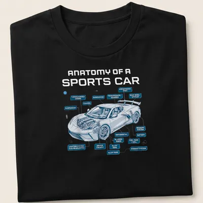 Technical illustration of a sports car with blue, white, and gray details