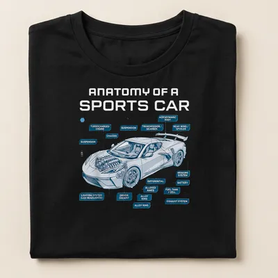 Technical illustration of a sports car with blue, white, and gray details — printed on a women's shirt